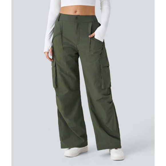 NWT Halara Mid Rise Button Zipper Side Pocket Wide Leg Casual Cargo Pants - Picture 3 of 13